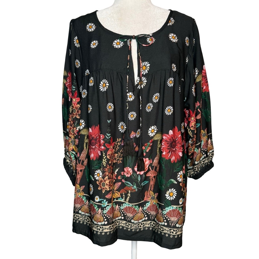 NWOT Natural Life Maribel Peasant Top L Daisy Mushroom Boho Wide Sleeve Blouse